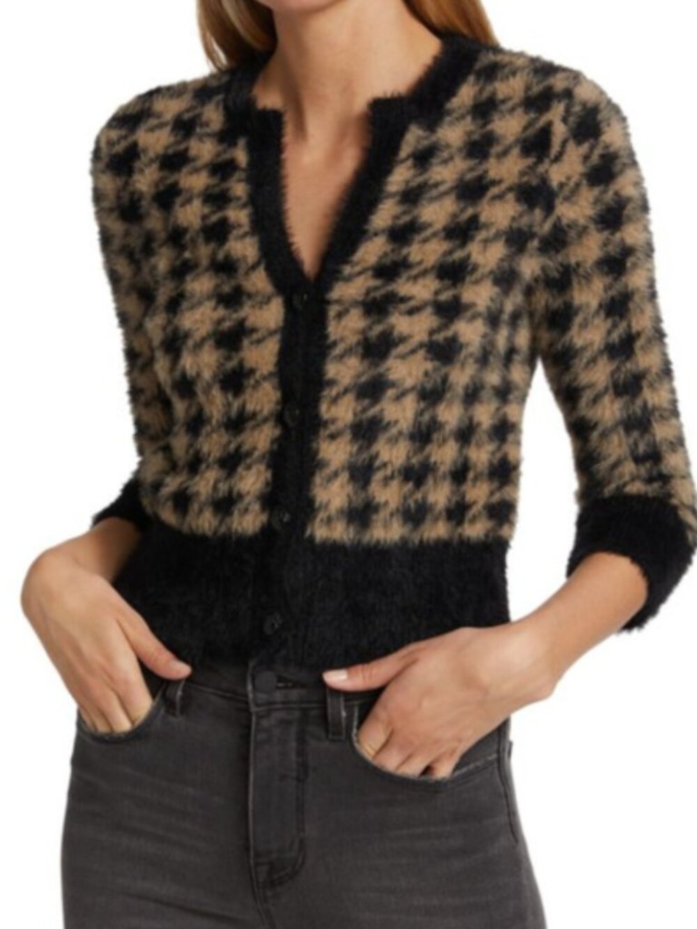L'AGENCE Saylor Cardigan Sweater XSmall Black Latte Houndstooth Fuzzy Cropped
